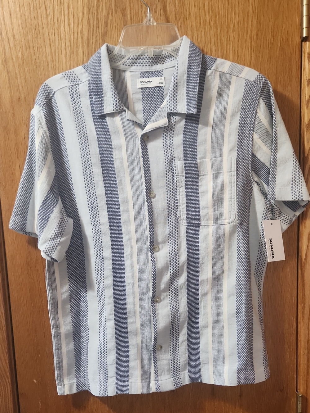 Sonoma Blue and White Vertical Stripe Short-Sleeve Button-Down Shirt